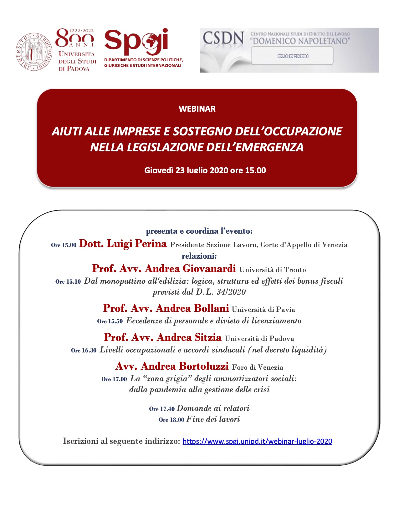 WEBINAR “AIUTI ALLE IMPRESE E SOSTEGNO DELL'OCCUPAZIONE NELLA LEGISLAZIONE DELL'EMERGENZA”